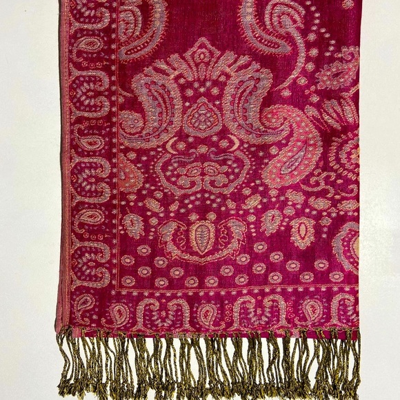 Cashmere Pashmina Rich Raspberry Pink Jacquard Scarf Wrap Light Green Tassels - Picture 6 of 14